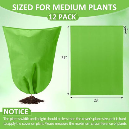 12 Packs Winter Plant Covers Freeze Protection Drawstring Tree Cover 23.62 x 31.5 in Large Reusable Frost Protection for Plants Fruit Tree Shrub, Outdoor Prevention Bag (Light Green)