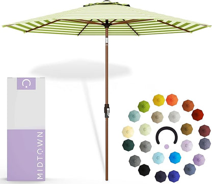 Midtown Umbrellas The Wooden 2-10 Feet Large Patio Umbrella, Terylast Green & White Stripes Fabric, Aluminum Frame For Backyard Umbrella, Deck Umbrella, Garden Umbrella & Pool Umbrella - Wooden Pole