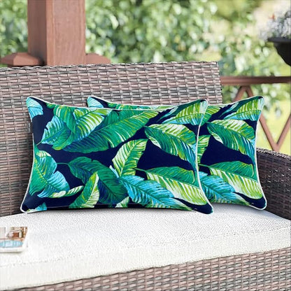 Magpie Fabrics Patio Lumbar Pillow Covers ONLY 20"x12", Set of 2, Outdoor Indoor Cushion Cases Decorative Throw Rectangular Pillowcase Shell for Couch Garden - Green Lagoon Leaves