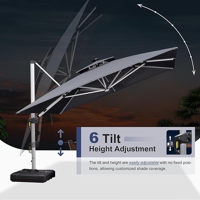 PURPLE LEAF 10' X 13' Double Top Deluxe Solar Powered LED Rectangle Patio Umbrella Offset Hanging Umbrella Outdoor Cantilever Umbrella, Grey