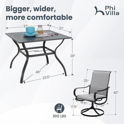 PHI VILLA 5 PCS Patio Dining Set with Outdoor Swivel Dining Chairs (Gray) and 37"x 37" Metal Steel Dining Table, All Weather Patio Dining Furniture Set for Poolside Deck Lawn Garden