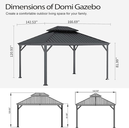 Domi 12x14FT Outdoor Gazebo, Hardtop Gazebo with Galvanized Steel Double Roof, Metal Gazebos with Drainage System Patio Pergola for Patio Deck Backyard,Curtain and Netting, Gray