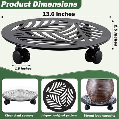 2 Packs Large Metal Plant Caddy with PU Wheels 13.6" Heavy-duty Wrought Iron Rolling Plant Stands Indoor Outdoor Wheeled Plant Dolly Planter Mover Rollers Plant, Leaf Style