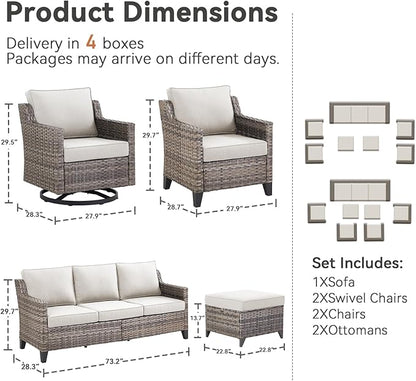 Patio Furniture Set, 7 Pieces Outdoor Wicker Rattan Sofa Couch with Swivel Rocking Chair, Ottomans and Comfy Cushions, All Weather Outdoor Conversation Sets, Suit for Porch Deck