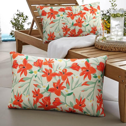 Pyonic Outdoor Pillows Cover Pack of 2 Floral Waterproof Throw Pillow Covers 12X20 inch Outdoor Lumbar Pillows for Patio Furniture Garden Outside Waterproof Pillow