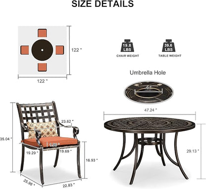 PURPLE LEAF 5 Pieces Patio Dining Set Cast Aluminum with 4 Armchairs and 47" Round Table, Cushion and Pillow Included, for Lawn Yard Garden Outdoor Dining Set, Brick Red