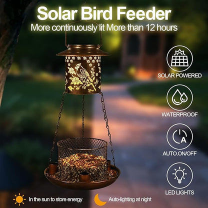 Cardinal Bird Feeder for Outdoor Gifts for Women Mom Grandma Hanging Metal Wild Birdfeeder Garden Solar Lantern Decor Lanterns Outside for Yard Patio Lawn Pathway Landscape