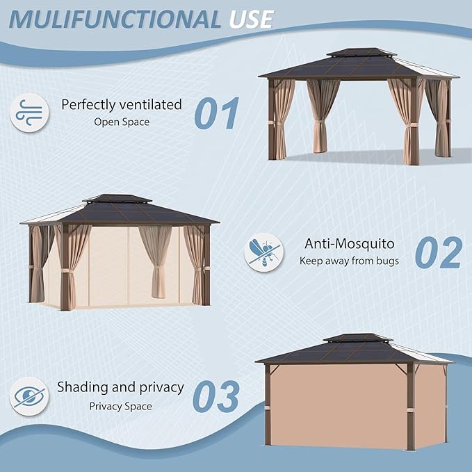 Aoxun 10' x 12' Outdoor Hardtop Gazebo Premium Polycarbonate Double - Roof Structure with Aluminum Frame, Complete with Privacy Curtains & Mosquito Netting for Backyard, Patio, Deck Parties (Brown)