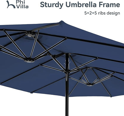 PHI VILLA 15ft Large Patio Umbrellas with Base Included, Outdoor Double-Sided Rectangle Market Umbrella with Crank Handle, for Pool Lawn Garden, Blue