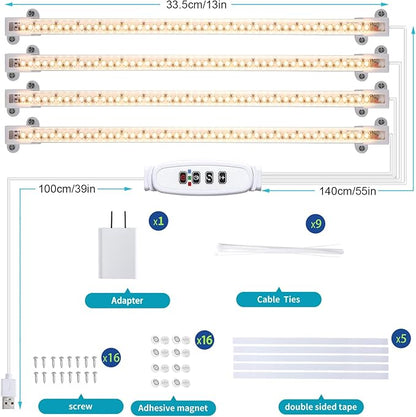 LED Grow Light Strips for Indoor Plants Full Spectrum 3500K, 192 LEDs Plant Light Bar with 3/9/12H Timer, 10 Dimmable Levels for Seedling Succulent, 13 Inches, 4 Head