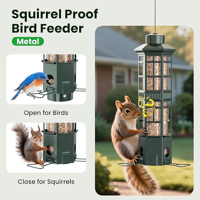Squirrel Proof Bird Feeder for Outdoors - 3 Port Hanging Metal Bird Feeder with Gravity Spring, 3LB Large Capacity, Chew-Proof & Weather Resistant, Attract Wild Birds, Green