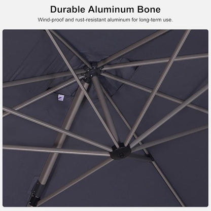 PURPLE LEAF 10' X 13' Patio Umbrella, Rectangle Outdoor Cantilever Umbrella, Aluminum Offset Umbrella with Champagne Frame and 360° Rotation for Pool Deck Garden, Light Grey