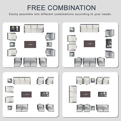 12 Pieces Outdoor Patio Conversation Sets with All Weather Cushions, Metal 3-Seater, 4 Swivel Rockers, 2 Single Chairs, 1 Loveseat, 2 Side Tables, 1 Coffee Table, 1 Fire Pit Table for Backyard, Beige