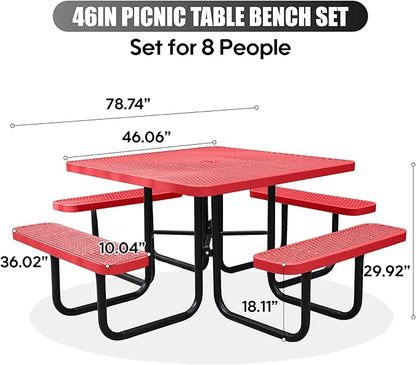 8-Person Outdoor Picnic Tables,46" Heavy-Duty Metal Square Picnic Table,Expanded Metal Commercial-Grade Table with 4 Benches & Umbrella Hole,Waterproof Coating Beach Table for Patio,Garden, Backyard