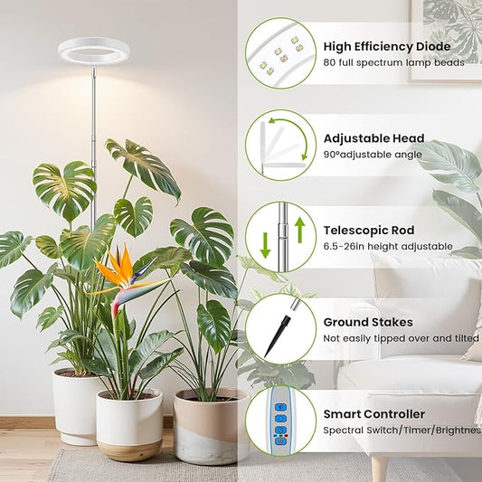 White Grow Light, Full Spectrum LED Plant Lights for Indoor Growing with 6/12/16H Timer, 3 Color Modes, 5 Brightness, 10"-65" Height Adjustable Growing Lamp for Large Indoor Plants, 2 Pack