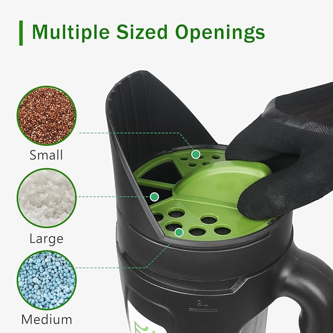 Hand held Spreader, Seed Spreader for Ice Melt, Grass Seed, Fertilizer Lawn and Garden. Multiple Adjustable Opening Sizes for Salt,Ice Melt, Up to 80 Oz