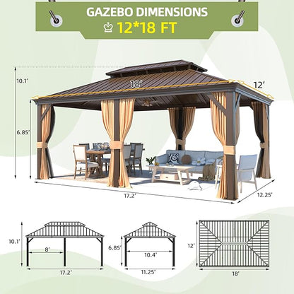 MELLCOM 12'x18' Hardtop Gazebo,Galvanized Steel Metal Double Roof Gazebos with Curtain and Netting, Brown Permanent Pavilion Canopy with Aluminum Frame for Patios,Gardens,Lawns