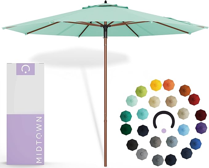 Midtown Umbrellas The Wooden 9 Feet Patio Umbrella With Sunbrella Canvas Glacier Acrylic Fabric - Aluminum Frame Market Umbrella For Backyard, Deck, Garden, Pool - Wooden Pole