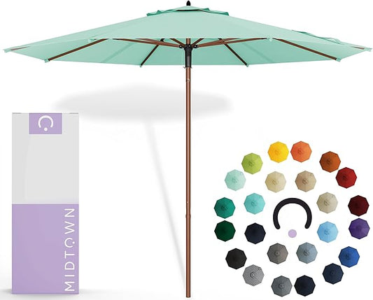 Midtown Umbrellas The Wooden 8 Feet Patio Umbrella With Sunbrella Canvas Glacier Acrylic Fabric - Aluminum Frame Market Umbrella For Backyard, Deck, Garden, Pool - Wooden Pole