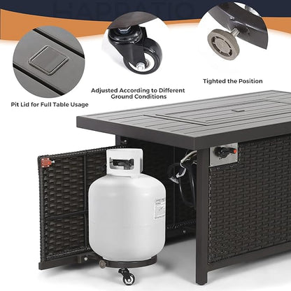 HAPPATIO Propane Fire Pit Table - 48 inch 50,000 BTU Aluminum Outdoor Patio Fire Pit,Wicker & Aluminum Rectangular Propane Gas Fire Pit, Clear Glass Rock and Tabletop Lid, Black PE Rattan(Brown)