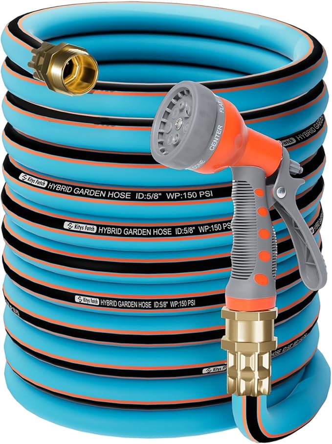 Upgraded Kink Free Hybrid Garden Hose 100ft 5/8", Thickened Heavy Duty Water Hose with Brass Solid Connector，Lightweight Flexible Tough Rubber Hose with Nozzle,Durable Yard Outdoor Hose