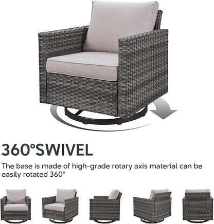 Outdoor Swivel Rocker Chairs Set of 4 with Fire Pit Table - 5 Peice Wicker Patio Furniture Set Conversation Set with 50,000 BTU Fire Pit for Deck Backyard - Grey Wicker Beige Cushion