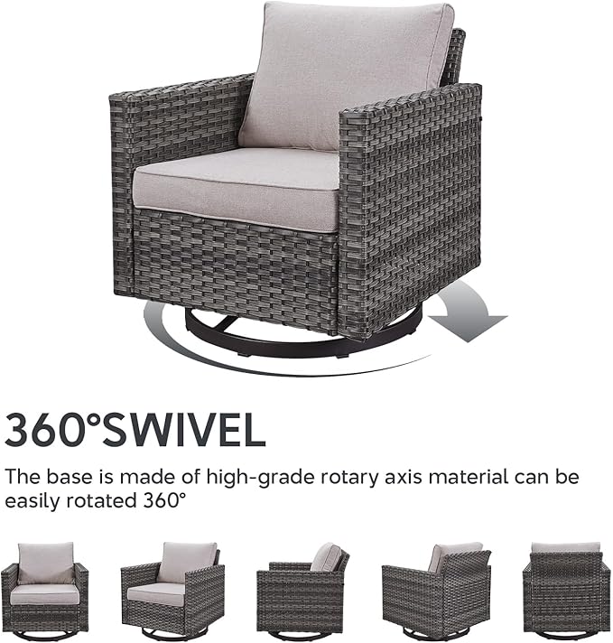 6 Piece Wicker Patio Furniture Set - Outdoor Swivel Rocker Chairs Set with Side Table, 3 Seat Sofa and Ottomans, Small Patio Conversation Sets Proch Furniture for Balcony Deck - Grey/Beige