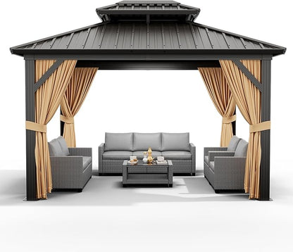 12'x10' Hardtop Gazebo, Heavy Duty Aluminum Permanent Hardtop Gazebo Outdoor Pavilion with Curtains and Netting for Garden