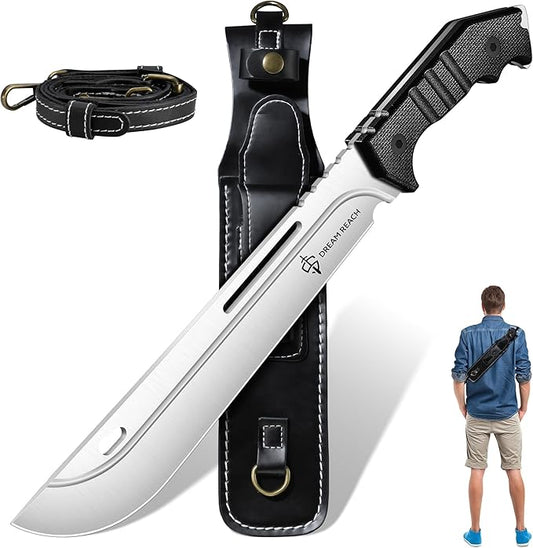 Dream Reach Heavy Duty Machete - Portable Full Tang Outdoor Survival Knife with Sheath Strap for Camping Hiking Gift for Men 9.8 Inches