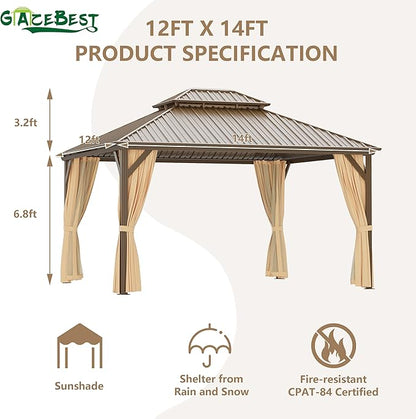 12'x14' Hardtop Gazebo Outdoor Aluminum Patio Gazebo Double Roof Galvanized Steel Canopy with Netting and Curtains,for Garden, Backyard,Deck and Lawns