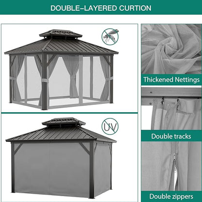 12'x12' Hardtop Gazebo, Heavy Duty Aluminum Permanent Hardtop Gazebo Outdoor Pavilion with Curtains and Netting for Garden (Gray, 12'x12')
