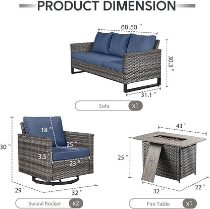 4 Piece Wicker Patio Furniture with Fire Pit Table - Outdoor Conversation Set with 50,000 BTU Fire Pit, All Weather Rattan Patio Set for Deck Backyard Garden - Grey Wicker Blue Cushion