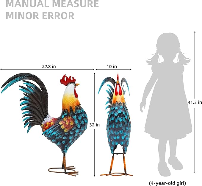 32" Metal Rooster Decor, Outdoor Garden Statues, Metal Chicken Sculpture for Backyard Patio Kitchen Decor