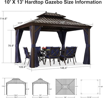 PURPLE LEAF Hardtop Gazebo 10' X 13' Galvanized Steel Roof with Netting and Curtains Backyard Deck Garden Canopy Aluminum Frame Permanent Outdoor Pavilion