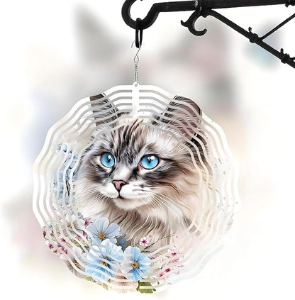 10 Inch Cat Wind Spinner, 3D Stainless Steel Hanging Kinetic Wind Sculpture Gifts for Garden Decor Yard Art Indoor Outdoor Window Porch Front Door Decoration