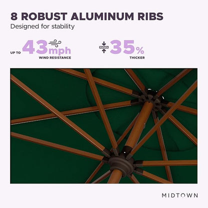 Midtown Umbrellas Sunbrella Umbrella Outdoor Patio Umbrella 2-9 Feet in Forrest Green Acrylic Fabric, Auto-Tilt Aluminum Frame For Backyard Umbrella, Deck Umbrella & Porch Umbrella - Wooden Pole