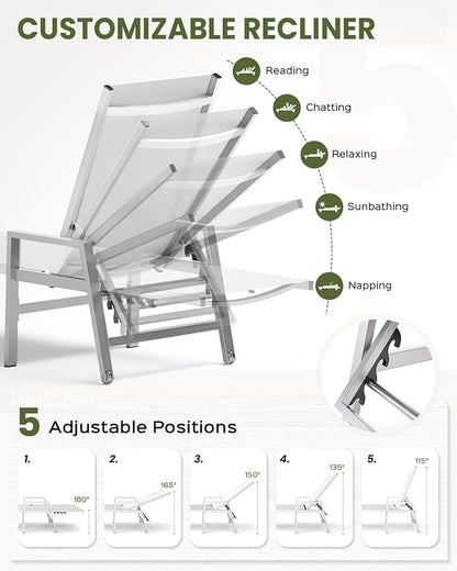 Patio Chaise Lounge Chair Outdoor with Wheels&Armrests, Aluminum Pool Lounge Chairs Set of 2 Five-Position Adjustable Recliner, Outdoor Beach Lounge Chairs for Poolside, Patio, Deck, Yard, White