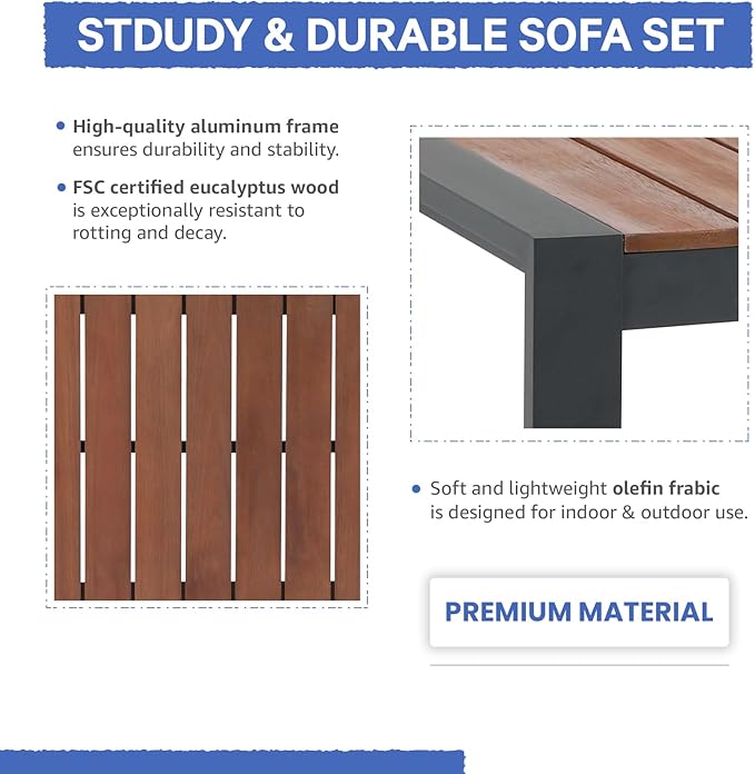 Soleil Jardin Aluminum Patio Furniture Coffee Table, Outdoor Rectangle Table with FSC Certified Solid Wood Top, Outdoor Conversation Modern Coffee Table