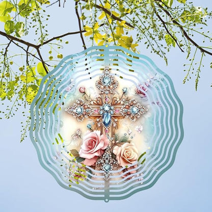 Cross Flower Wind Spinner, Metal Wind Spinners Outdoor/Indoor, God Cross Hanging Garden Decor for Outside, Stainless Wind Spinners for Yard and Garden 10 inch 3D (25.76X25 CM)