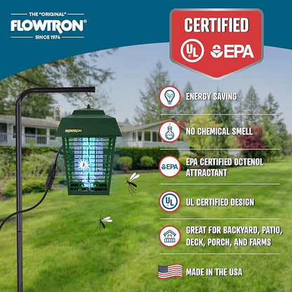 Flowtron Electric Bug Zapper 1/2 Acre Outdoor Insect Control with Dual Lure Method, 15W UV Light & Octenol Attractant for Fly & Mosquito, 5600V Kill Grid, Made in USA, UL Certified - Green Color