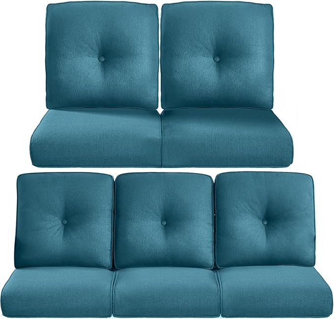 Pop 22x25/22x24 Outdoor Cushions for Patio 5 Piece Set - Set of 5 Water-Resistant Replacement Cushion for Rattan Rocking Swivel Chairs Loveseat Couch Sectional Sofa - Peacock Blue/Button