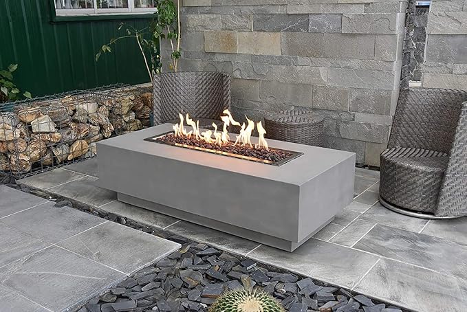 Elementi | Granville Gas Fire Pit Cast Concrete 60" Rectangular Fire Table, Outdoor Fire Pit Electronic Ignition | Canvas Cover, Lava Rock Included | Light Gray (Natural Gas)