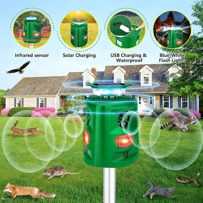 360°Solar Ultrasonic Animal Repellent, Deer Repellent Devices Cat Repellent Outdoor, Waterproof Squirrel Raccoon Rabbit Skunk Dog & Bird Deterrent with Motion Sensor & Flashing Light for Garden Yard