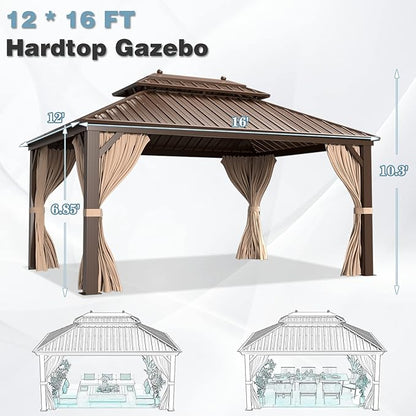 MELLCOM 12'x16' Hardtop Gazebo, Galvanized Steel Double Roof Canopy with Aluminum Frame, Permanent Metal Pavilion Gazebos with Netting and Curtains for Patio, Gardens and Lawns