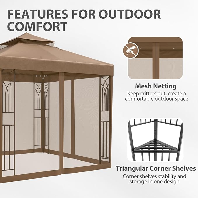 EAGLE PEAK 8x8 Patio Gazebo with Mesh Netting, Double Roof Outdoor Pavilion with Corner Shelves for Lawn, Deck, Garden and Backyard, Brown