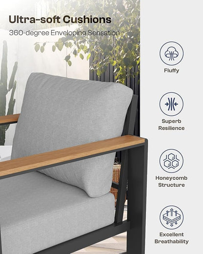 Aluminum Outdoor Sofa Bistro Set, 3 Piece Outdoor Patio Furniture Set with Washable Thick Cushion, Patio Sectional Furniture Set for Porch, Balcony, Deck, Yard, Gray