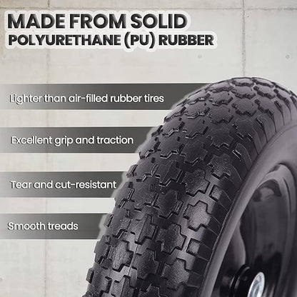 (2-PACK) 4.80/4.00-8" Flat Free Tire and Wheel - Universal Fit 14.5" Solid Wheelbarrow Tires with 3" Hub and 5/8" Bearings – Extra Adapter kit includes 3/4" Ball Bearings, 1" and 1/2" Nylon Spacers
