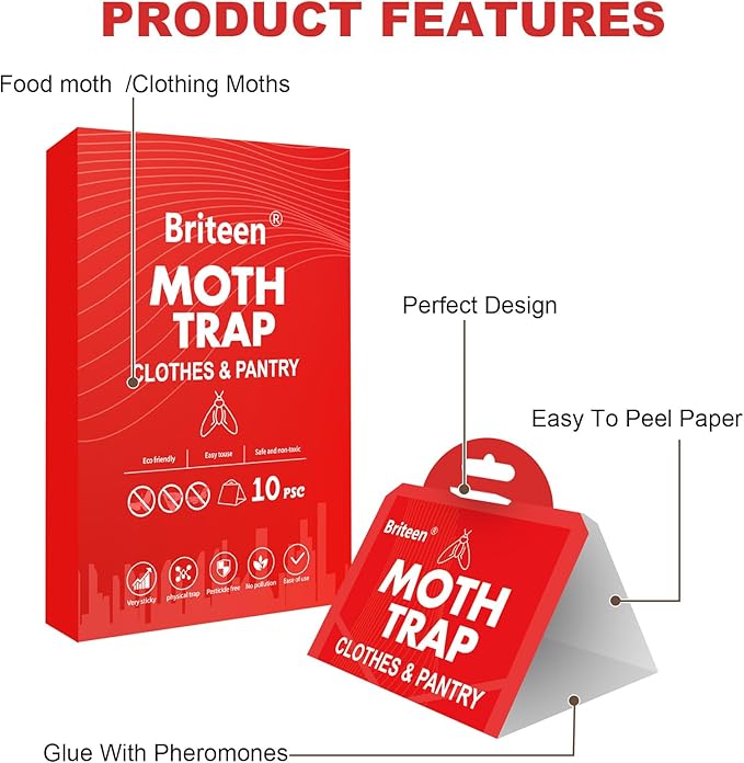 Pantry Moth Traps 10-Pack Safe and Effective for Food and Clothing- Glue Traps with Pheromones for Wool Closet Carpet Food and Cupboard K10