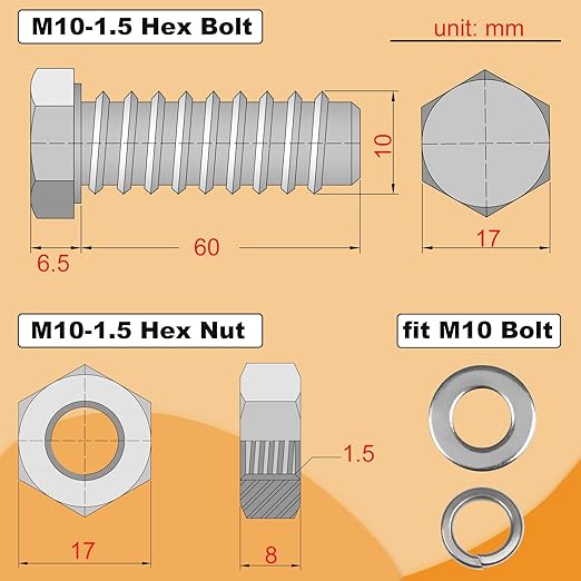 M10 Hex Bolts and Nuts Set, M10x60mm Fully Thread Bolt, M10-1.25mm Hexagon Nut with Flat Washers, Spring Washers 304 Stainless Steel Fastener Set for Caster Wheels Assembly 4 Sets