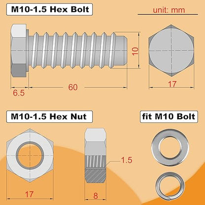 M10 Hex Bolts and Nuts Set, M10x60mm Fully Thread Bolt, M10-1.25mm Hexagon Nut with Flat Washers, Spring Washers 304 Stainless Steel Fastener Set for Caster Wheels Assembly 4 Sets
